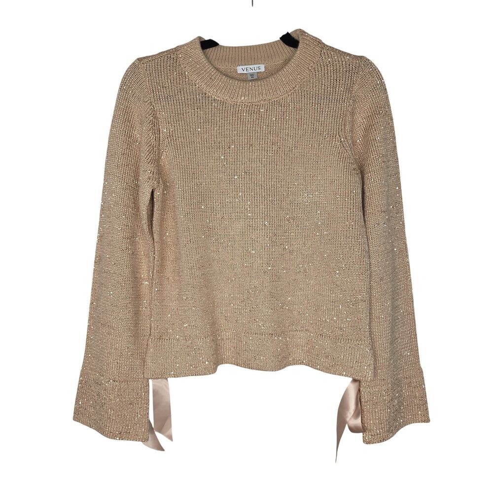 Venus Sweater Womens XS Beige Sequin Bow Side Tie Long Sleeve Knit Cozy Coquette